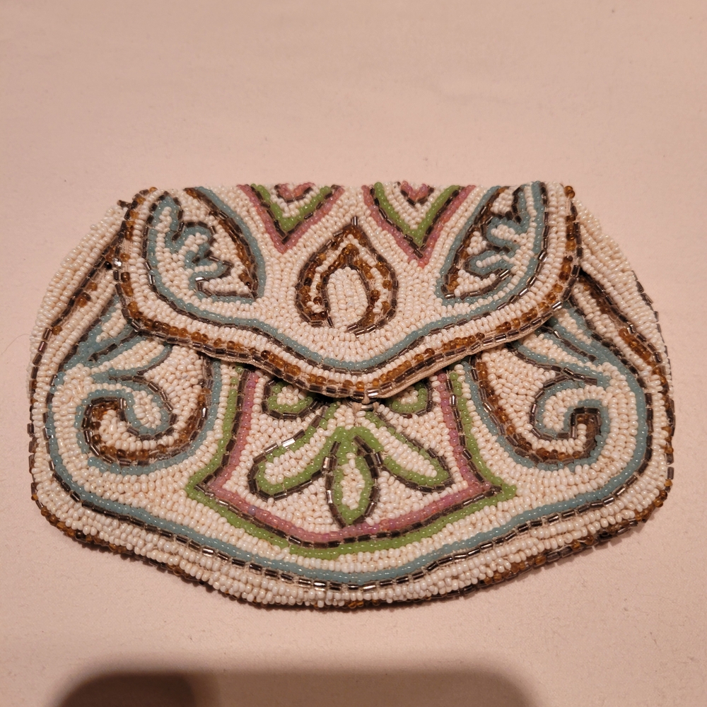 1930s French Hand Beaded Purse. Satin Antique Handbag Coin Purse Pink Green Blue